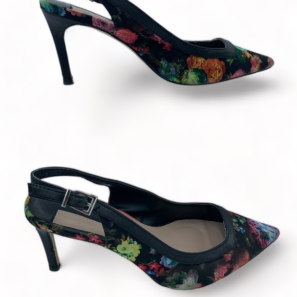 Dorothy Perkins Black Floral Sling Back Shoes Stiletto Heels Faux Leather UK 7 - Picture 3 of 13